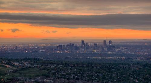 Aerial view of downtown Denver, CO at sunrise