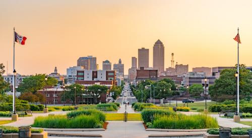 Downtown Des Moines, Iowa at sunset