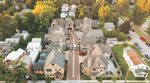 Aerial view of the Downton Walk infill development in Saratoga Springs, N.Y.