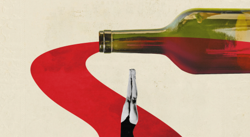 Red stream flowing out of wine bottle with swimmer diving down