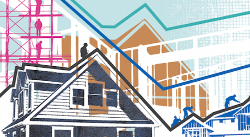 house with fever-line charts showing housing market's cyclical ups and downs