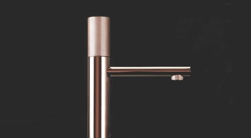 New single-hole faucets in manufacturer Franz Viegener’s lead-free brass Nerea series have a 6-inch spout reach with a knurled no-notch-back tilting handle.