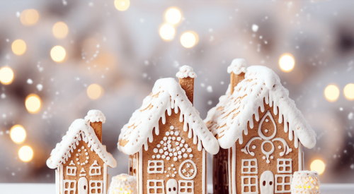 Row of three gingerbread houses for the holidays