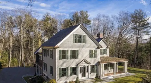 Drone view of Green Phoenix Development's renovation of a century-old New England farmhouse that is certified LEED Platinum