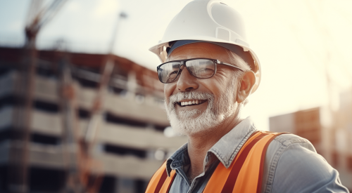 Smiling home builder aged over 60 on jobsite