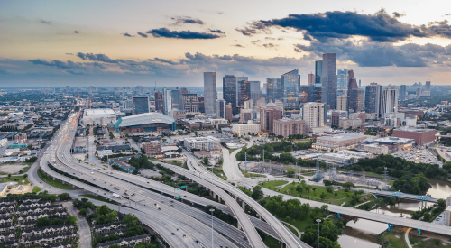 Houston city skyline with freeways in the foreground