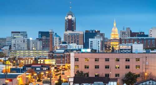 Landing, Michigan, city skyline at dusk