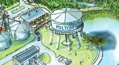 Rendering of Milton granary surrounded by pond and businesses