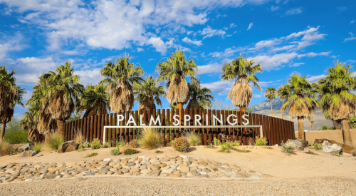 Palm Springs, California, sign with palm trees behind it