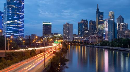 Philadelphia traffic and skyline at dusk