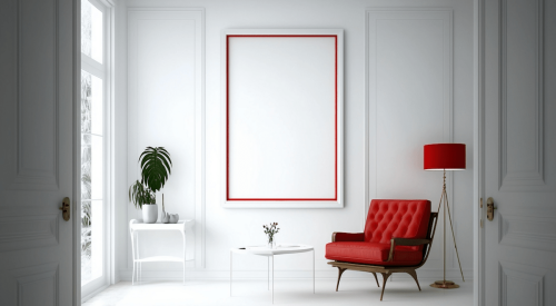 Red highlights on chair and lamp in white room