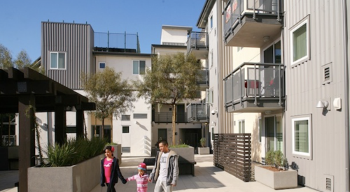 exterior of the Rio Vista low-income rental apartment project built on land owned by the Los Angeles Unified School District