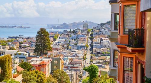 View of colorful homes across downtown San Francisco and Bay Area