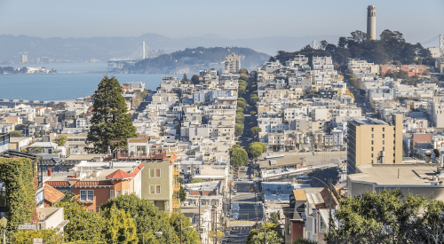 View of San Francisco with the Bay and Coit Tower in the distance