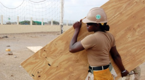 Woman with hard hat carrying plywood