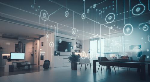 Smart home interior with internet-connected appliances and home systems