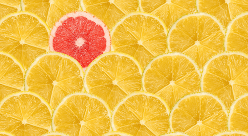 Orange slice stands out from crowd of lemon slices