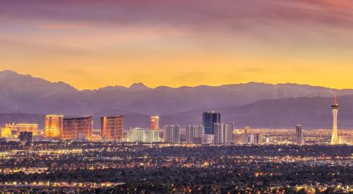 Las Vegas city skyline at sunset