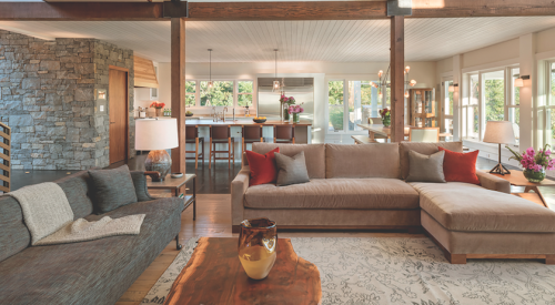 Willamette Valley Residence living room with view to kitchen