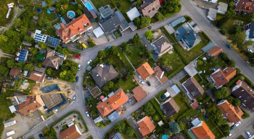 Aerial view of houses in residential neighborhood