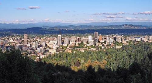 Aerial view of Portland, Ore. at Pittock Mansion