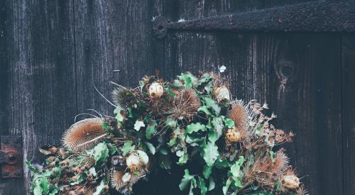 wreath on wooden door