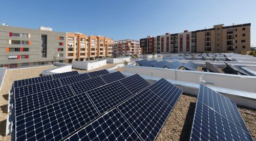 Solar panels on apartment rooftop