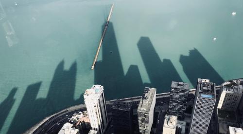 Chicago skyline reflected on Lake Michigan