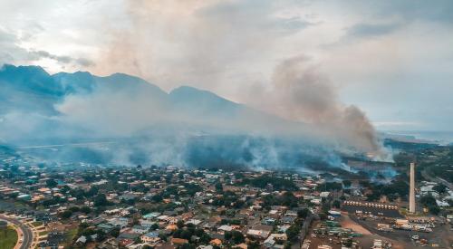 Maui, Hawaii, brush fire aerial view with billowing smoke