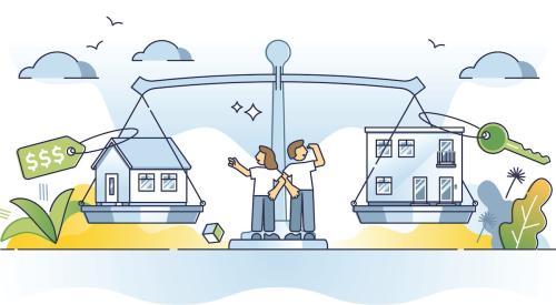 Weighing renting vs. buying a house with rental unit and house on scale 