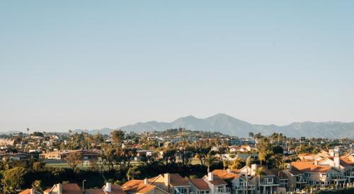 Aerial view of houses on hillside in California 