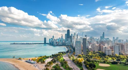 Aerial view of Chicago skyline where homes are unaffordable to average earners