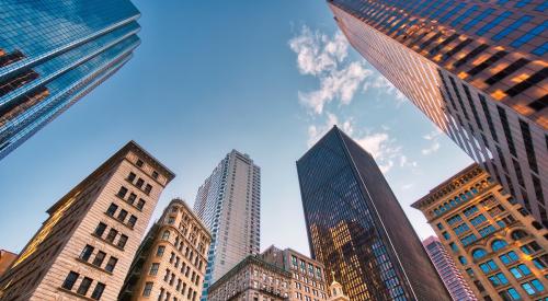 View of city high rise buildings from below