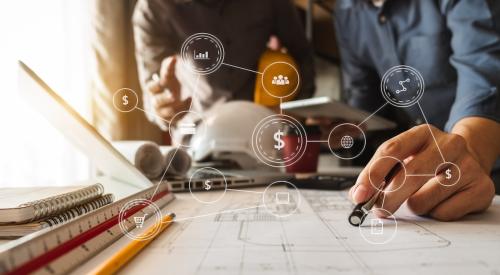 Construction manager pointing to paperwork. Image covered by diagram with cost and logistics symbols