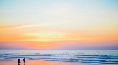 Sunset on the beach couple with dog