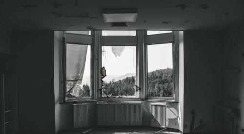 black and white Interior of abandoned house