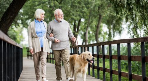 Elderly couple walking on bridge