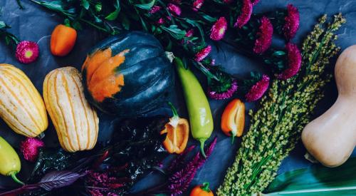 Dark-colored farm vegetables and flowers.