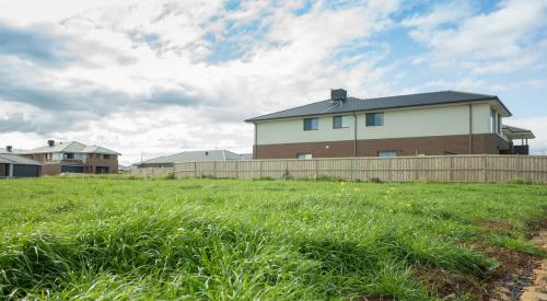 Empty grass lot in residential neighborhood