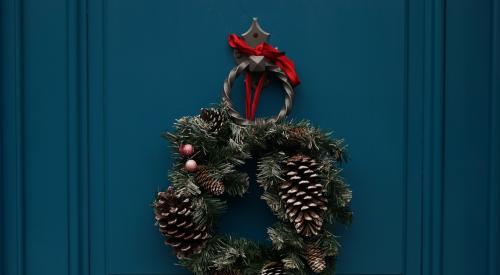 Wreath on a blue front door