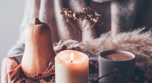 Gourd, candle, wheat on tray