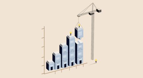 Crane building a bar chart of house blocks