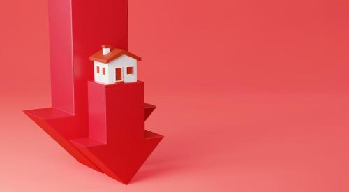 House on top of bright red arrow pointing downward