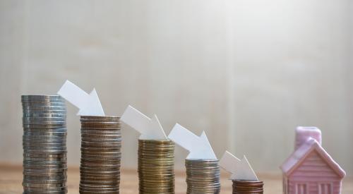 Downward arrows above stacks of coins pointing toward small house