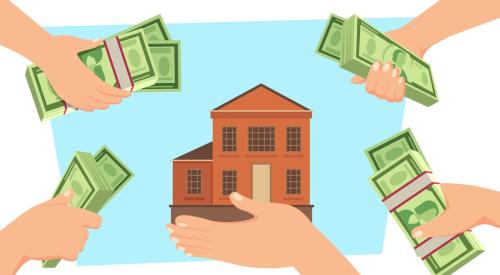 Graphic of hands holding cash near hand holding a house