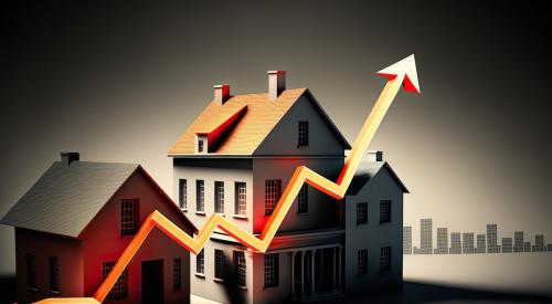 Houses with rising red arrow in foreground indicating home prices rising