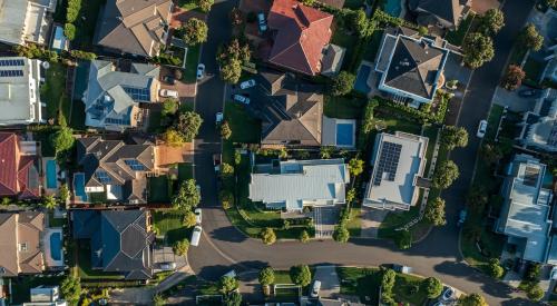 Aerial view of residential neighborhood of single-family homes