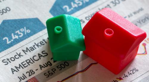 Green and red houses plastic playhouses on paper with stock information