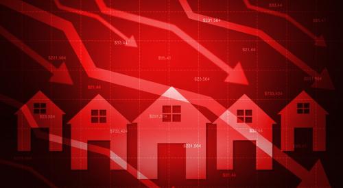 Red chart with downward arrows and home prices backdropped by houses