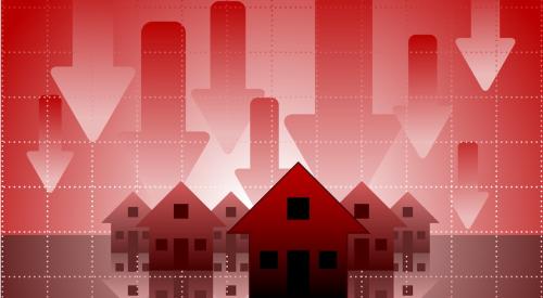 Houses surrounded by red falling arrows